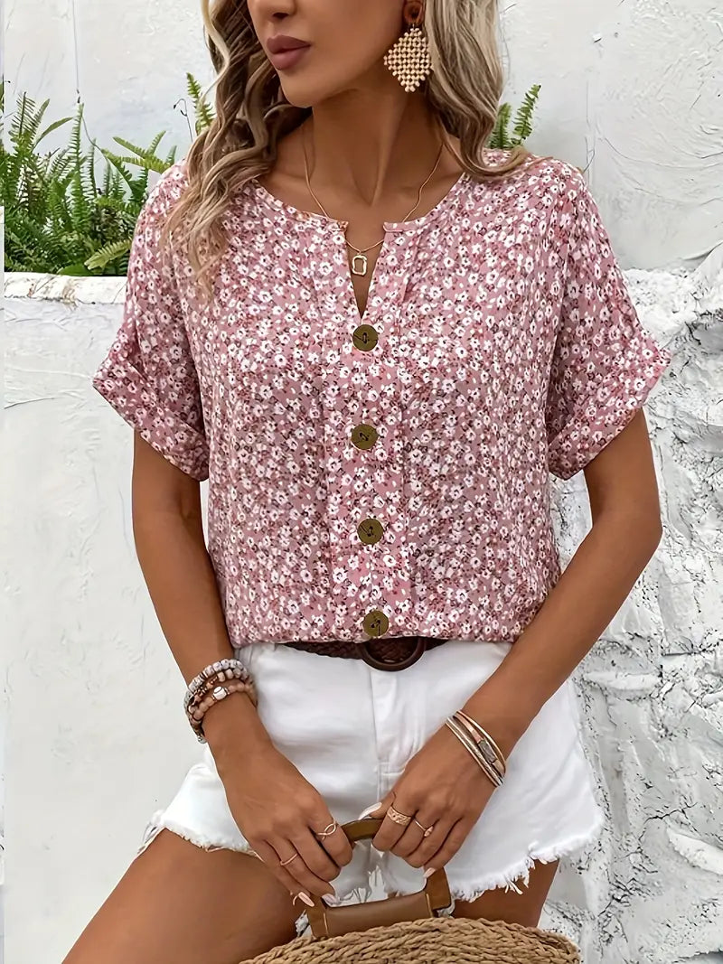 Ditsy Floral Button Front Short Sleeve Summer Blouse