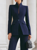 Stand Collar Gem Button Fitted Blazer and Flare Pant Tailored Set