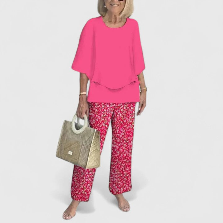 Floral Print Wide Leg Trouser Layered Chiffon Top Two Piece Set