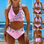 Leopard Print Halter Neck Crossover Textured High Waist Bikini