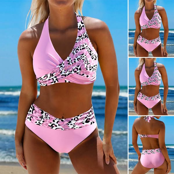 Leopard Print Halter Neck Crossover Textured High Waist Bikini