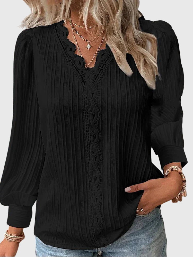 Lace Trim V Neck Textured Puff Sleeve Pullover Blouse