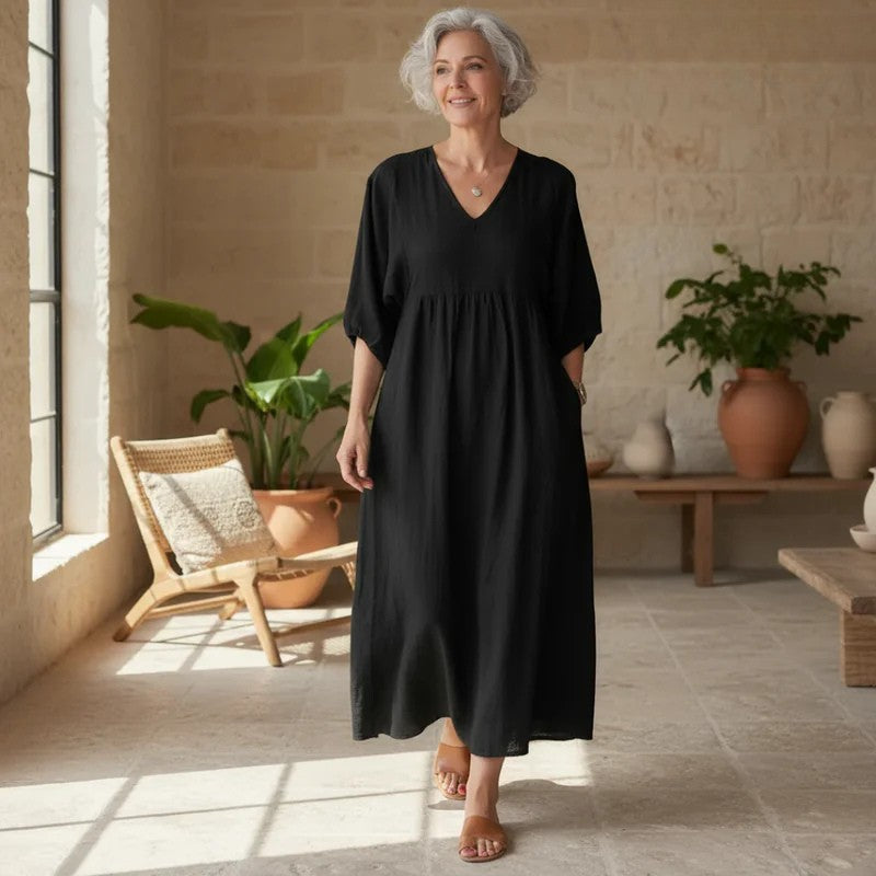V Neck Puff Sleeve Pocket Relaxed Linen Maxi Dress