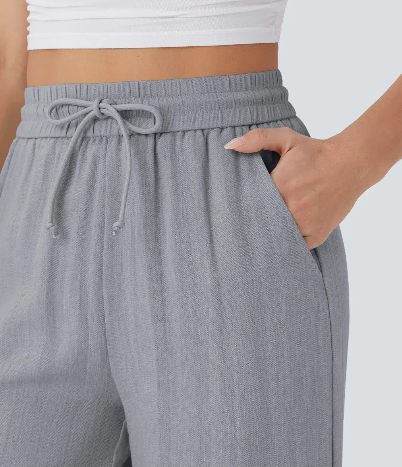 Smocked High Waist Drawstring Wide Leg Linen Pant