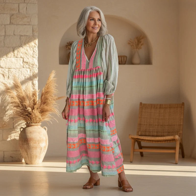 Geometric Print Boho V-Neck Flowy Casual Maxi Dress