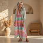 Geometric Print Boho V-Neck Flowy Casual Maxi Dress