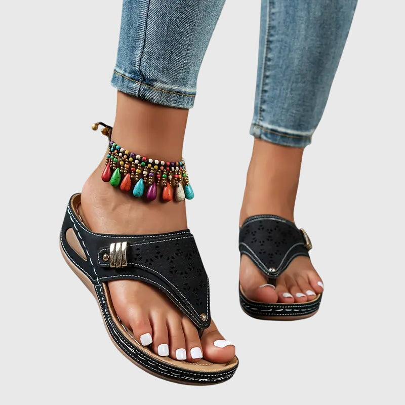 Laser Cut Toe Loop Metal Trim Wedge Sandal