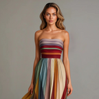 Striped Strapless Pleated Skirt Flowy Maxi Dress - Formal Evening Gown