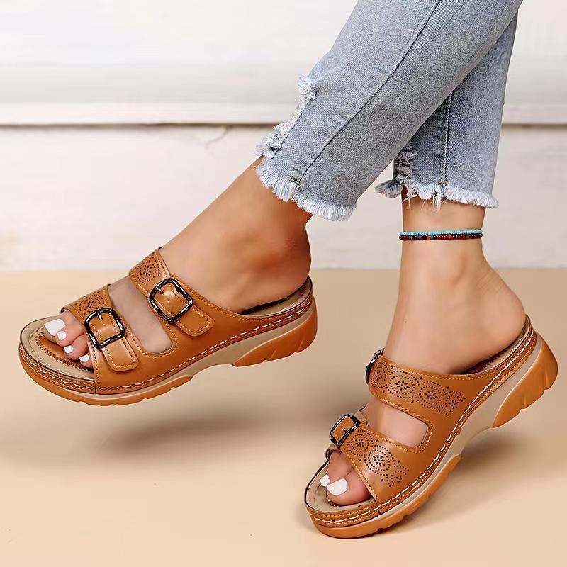 Double Buckle Strap Laser Cut Wedge Platform Slide Sandal