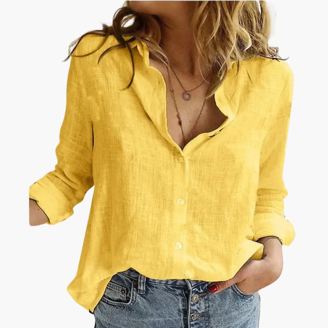 Scallop Collar Button Down Roll Tab Sleeve Relaxed Linen Shirt