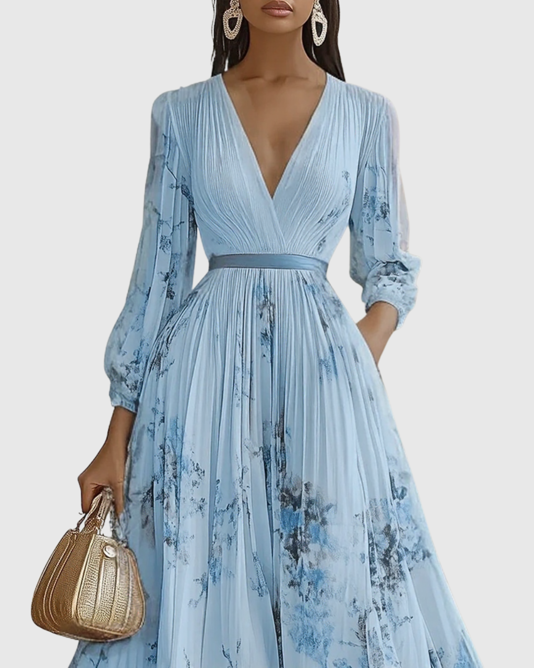 Floral Pleated V-Neck Belted Maxi Dress - Wedding Guest Gown