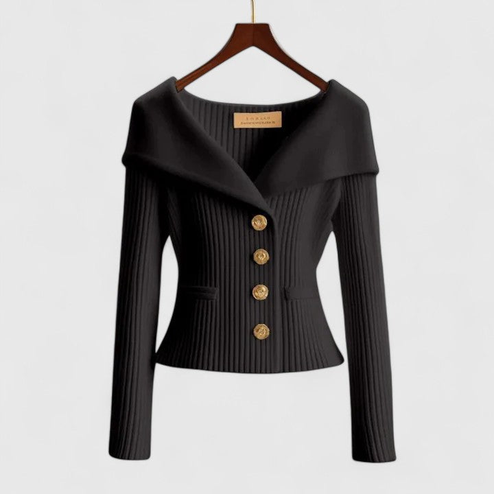 Off Shoulder Fold Collar Gold Button Fitted Ribbed Cardigan