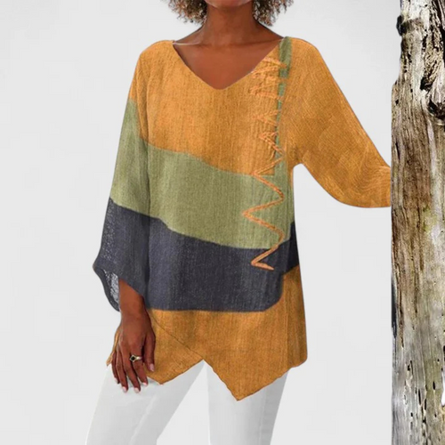 Colour Block Zigzag Stitch V-Neck Linen Tunic Top
