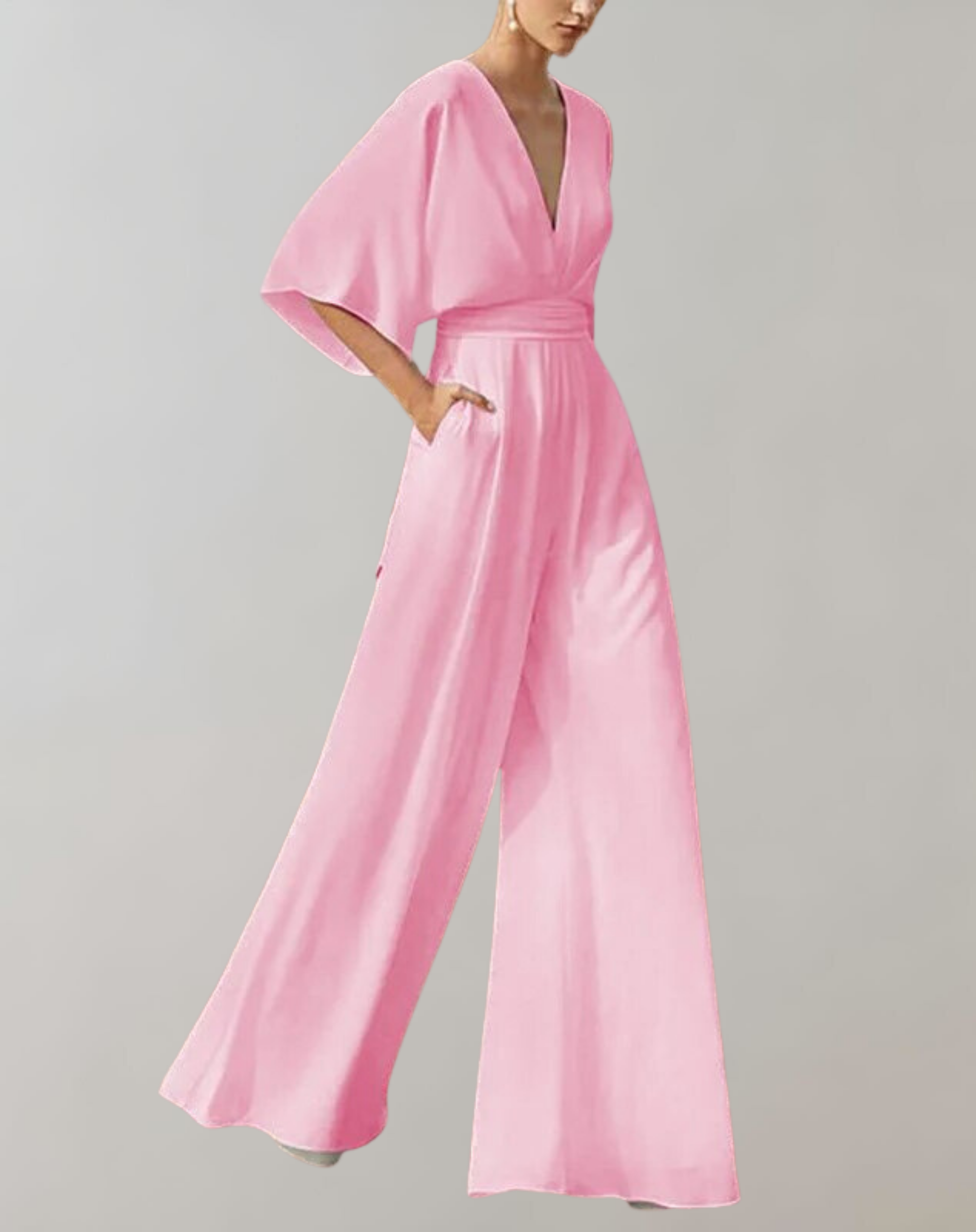 Deep V Neck Kimono Sleeve Belted Wide Leg Formal Jumpsuit