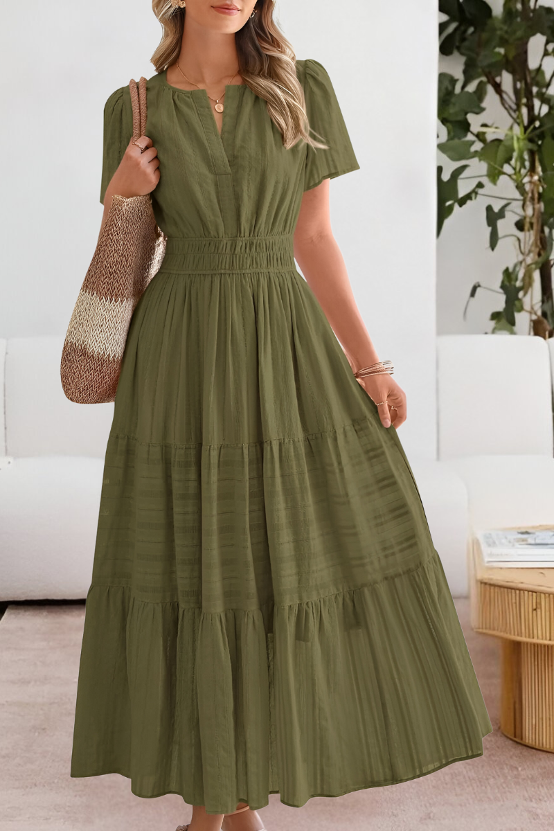 Flutter Sleeve V Neck Smocked Waist Tiered Flowy Maxi Dress