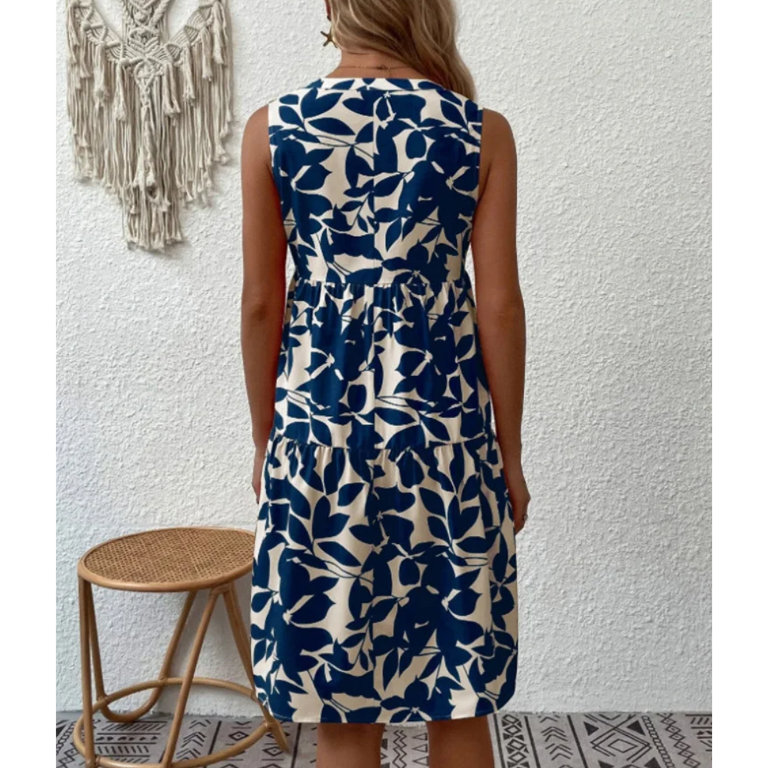 Botanical Leaf Print Tiered Sleeveless V-Neck Mini Dress