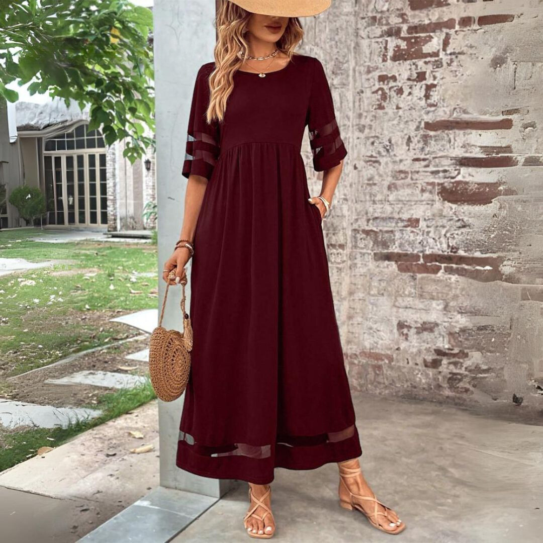 Mesh Panel Flare Sleeve Smock Waist Casual Maxi Dress