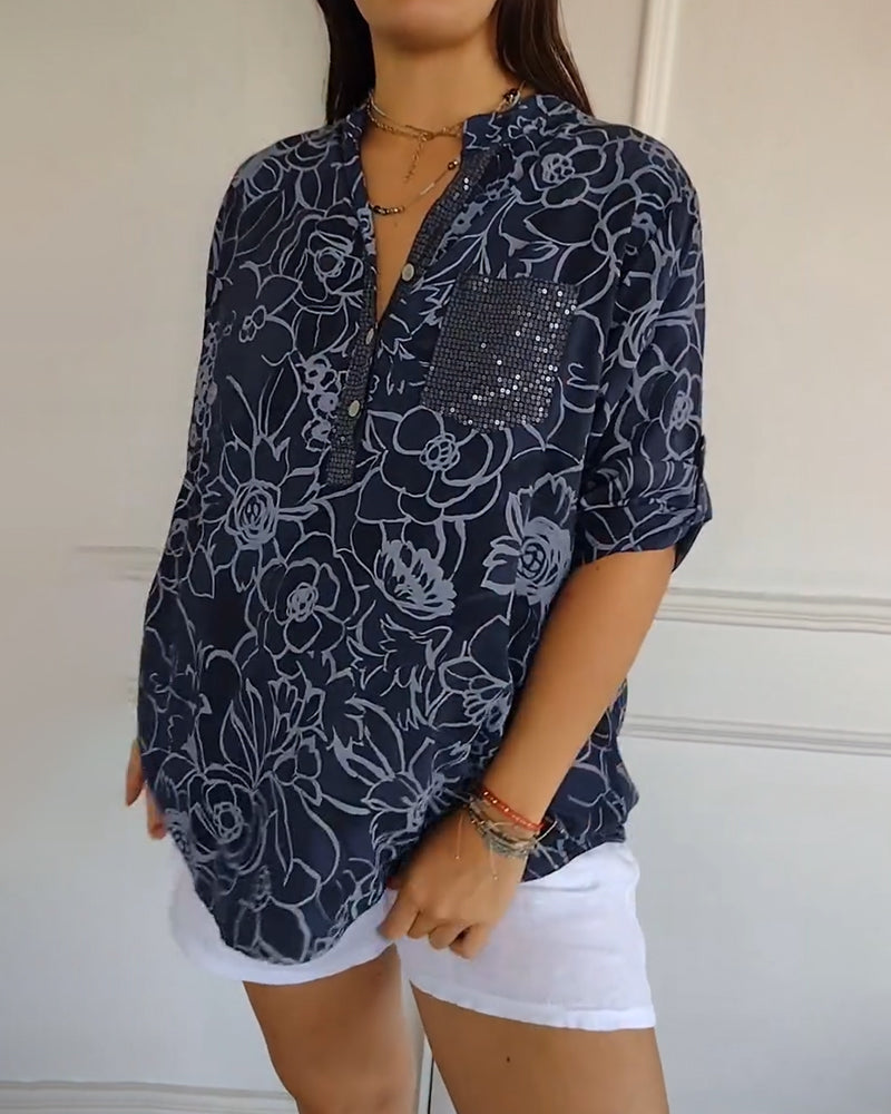 Floral Print V-Neck Half Sleeve Casual Blouse