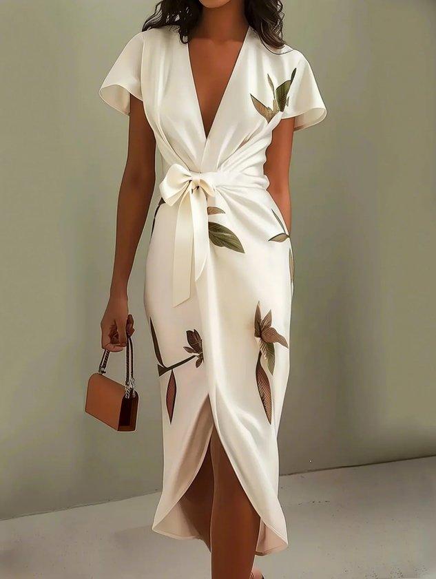 Botanical Print Flutter Sleeve Deep V Bow Tie Wrap Midi Dress