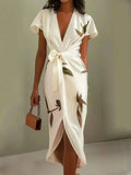 Botanical Print Flutter Sleeve Deep V Bow Tie Wrap Midi Dress