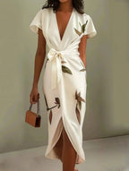 Botanical Print Flutter Sleeve Deep V Bow Tie Wrap Midi Dress