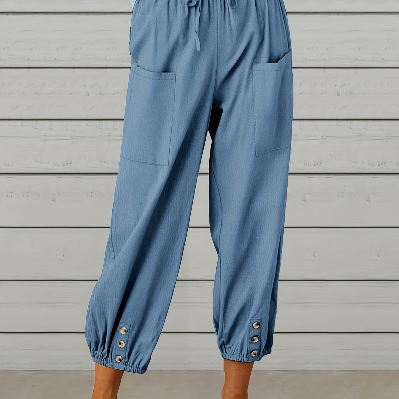 Button Cuff Patch Pocket Drawstring Capri Linen Pant