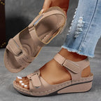Adjustable Hook Loop Strap Cushioned Casual Wedge Sandals