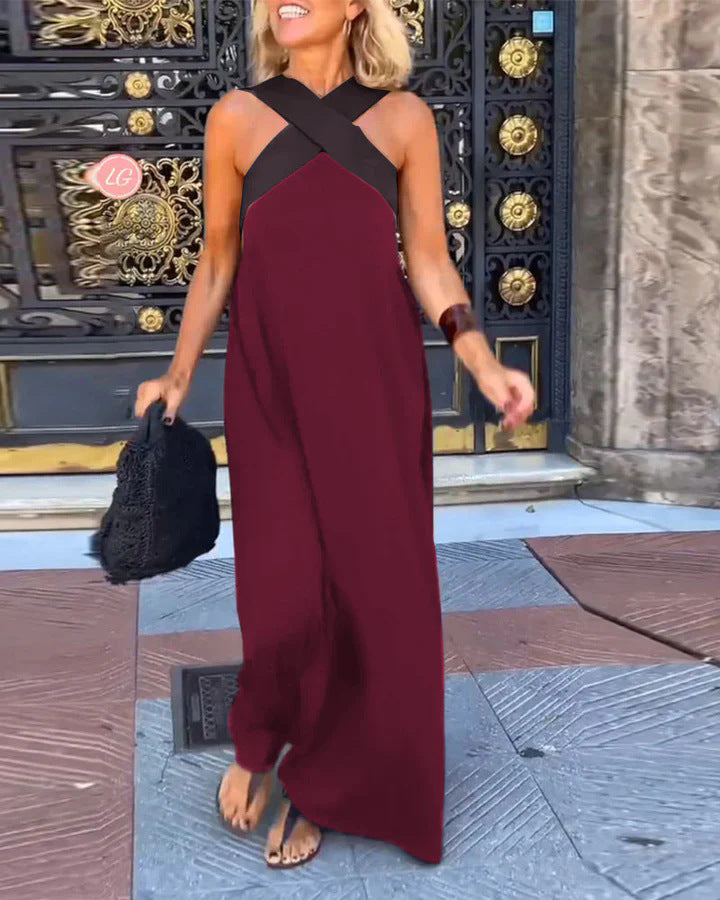 Contrast Cross Halter Neck Sleeveless Casual Maxi Dress