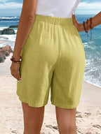 High Waist Side Button Wide Leg Casual Linen Short