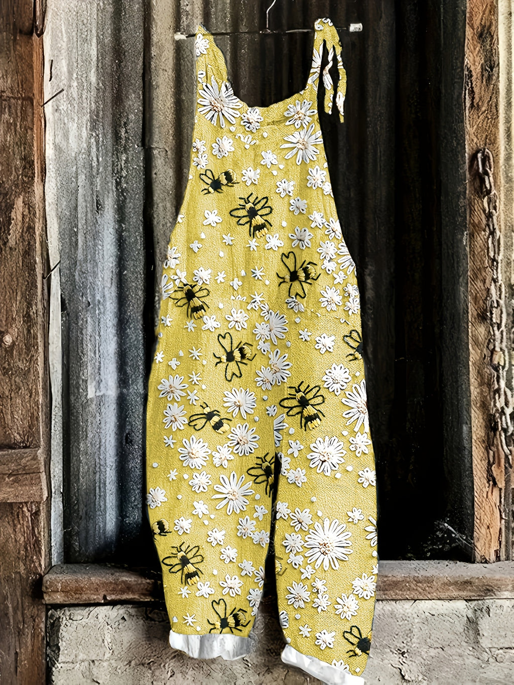 Daisy Bee Print Tie Shoulder Strap Pocket Casual Jumpsuit