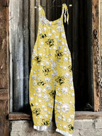 Daisy Bee Print Tie Shoulder Strap Pocket Casual Jumpsuit