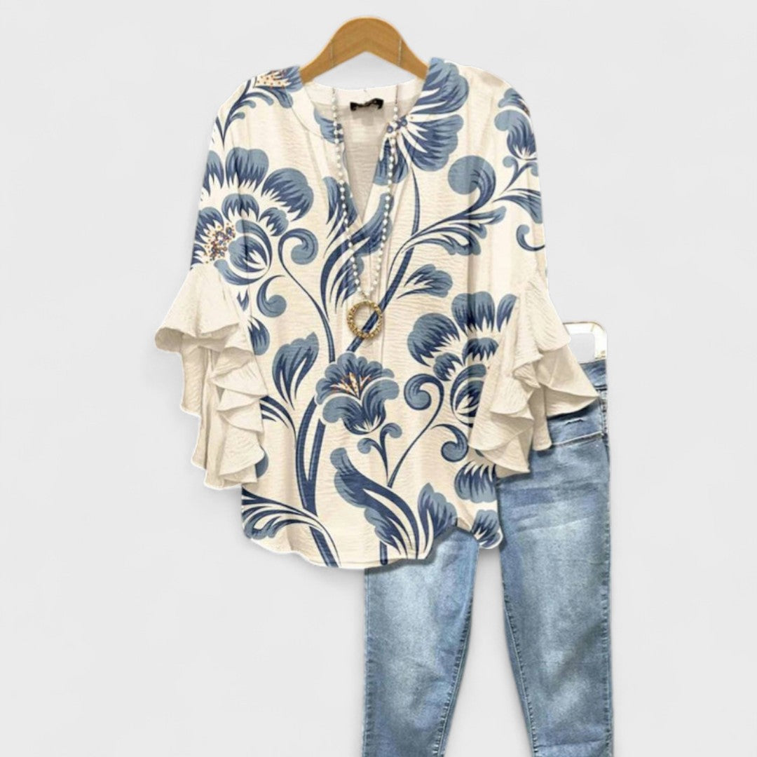 Floral Print Tiered Ruffle Sleeve Notch Neck Casual Blouse