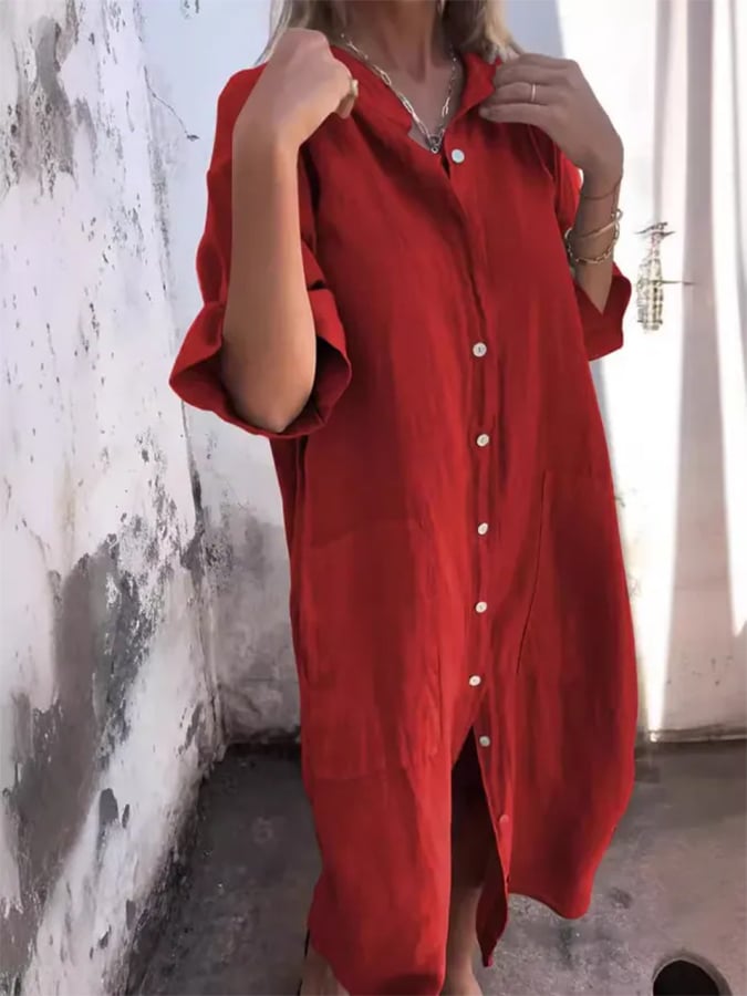 Linen Oversized Button Down Pocket Casual Shirt Dress