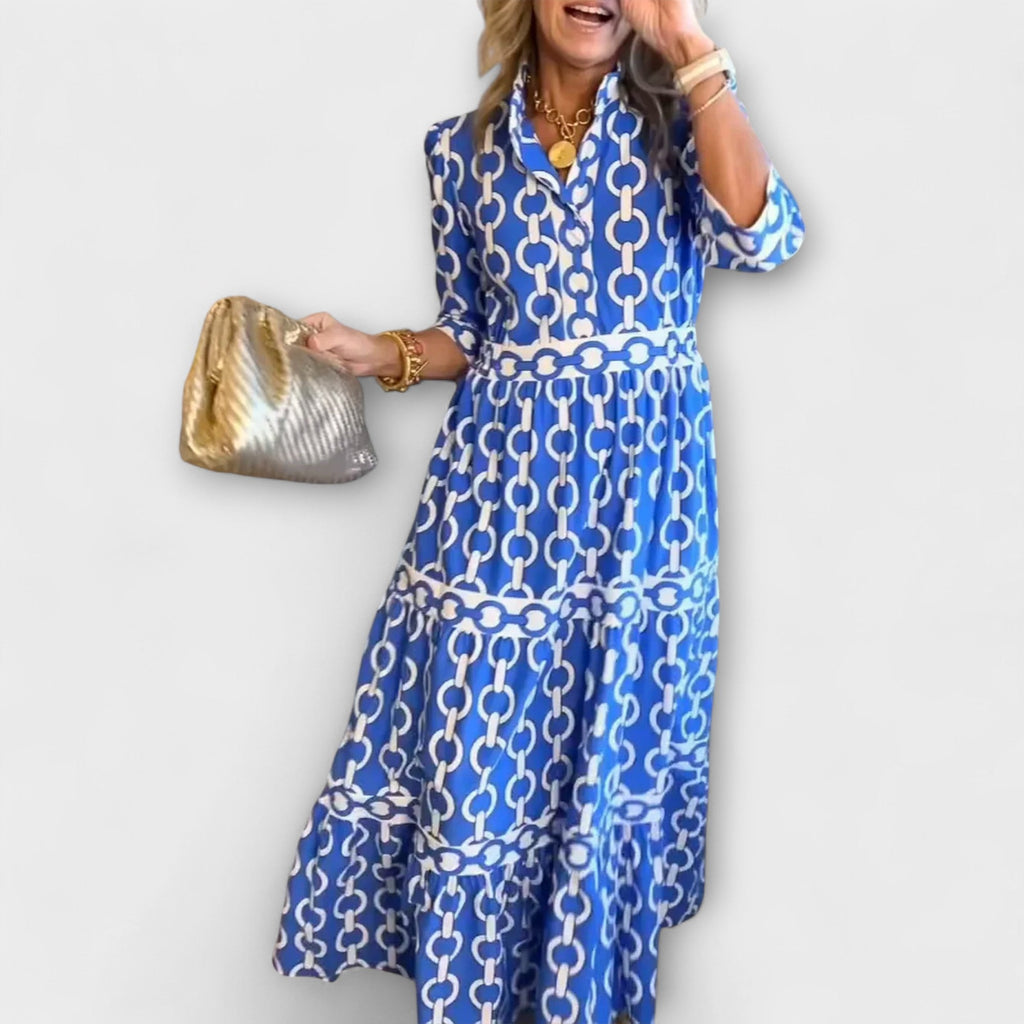 Chain Print Tiered Shirt Casual Midi Dress