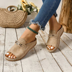 Rhinestone Heart Buckle Suede Open Toe Flat Slide Sandal