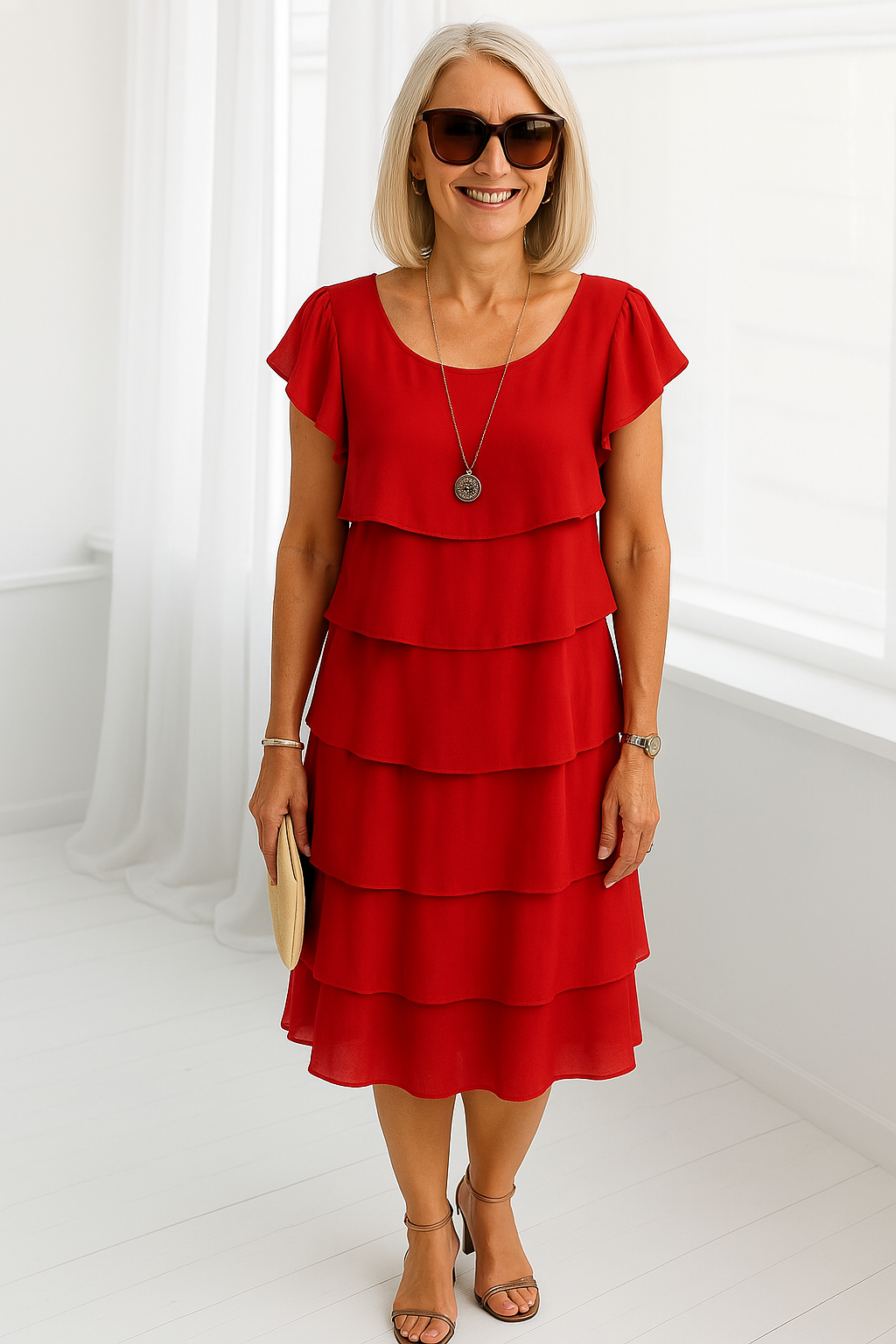 Flutter Sleeve Tiered Ruffle Layer Chiffon Midi Dress