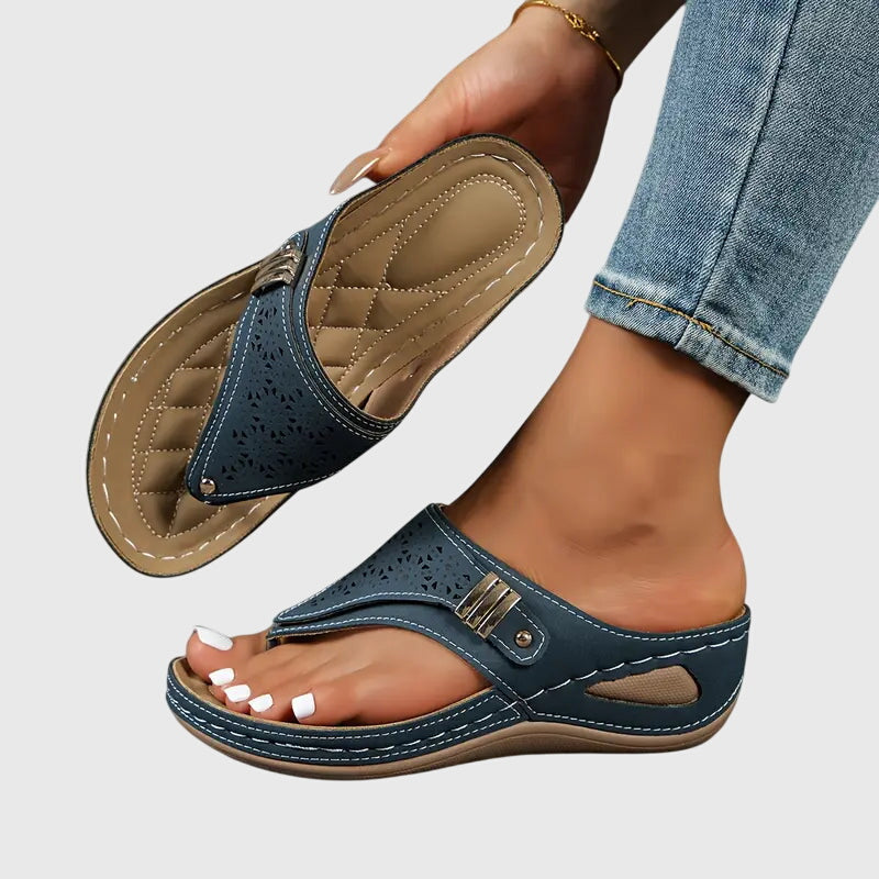 Laser Cut Toe Loop Metal Trim Wedge Sandal