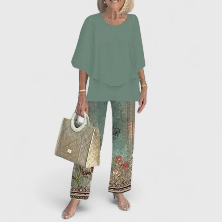 Floral Print Wide Leg Trouser Layered Chiffon Top Two Piece Set
