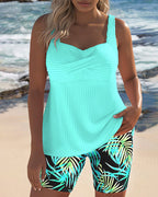 Twist Front Ribbed Tankini Top Tropical Print Short Set