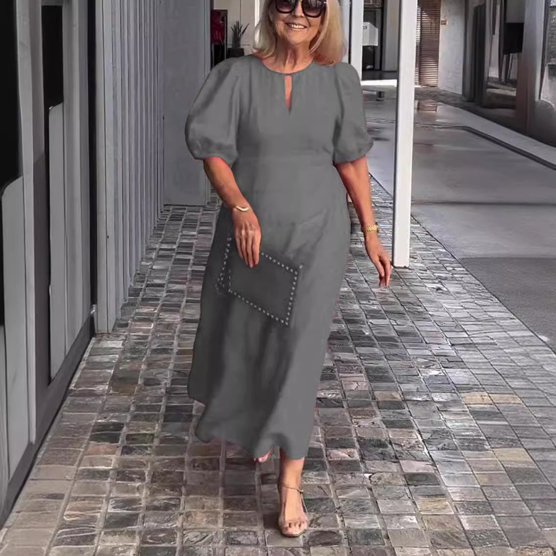 Puff Sleeve Keyhole A Line Midi Dress - Wedding Guest