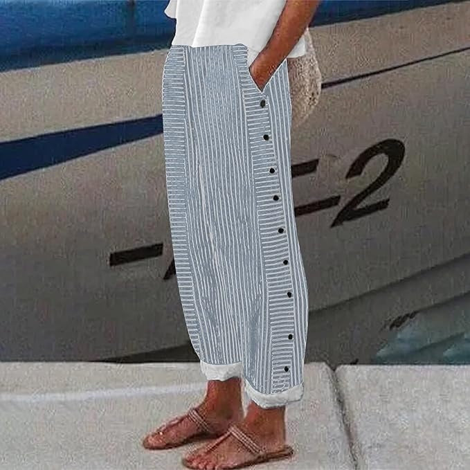 Striped Button Side Linen Wide Leg Casual Pants