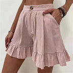 High Waist Ruffle Hem Single Button Casual Cotton Short