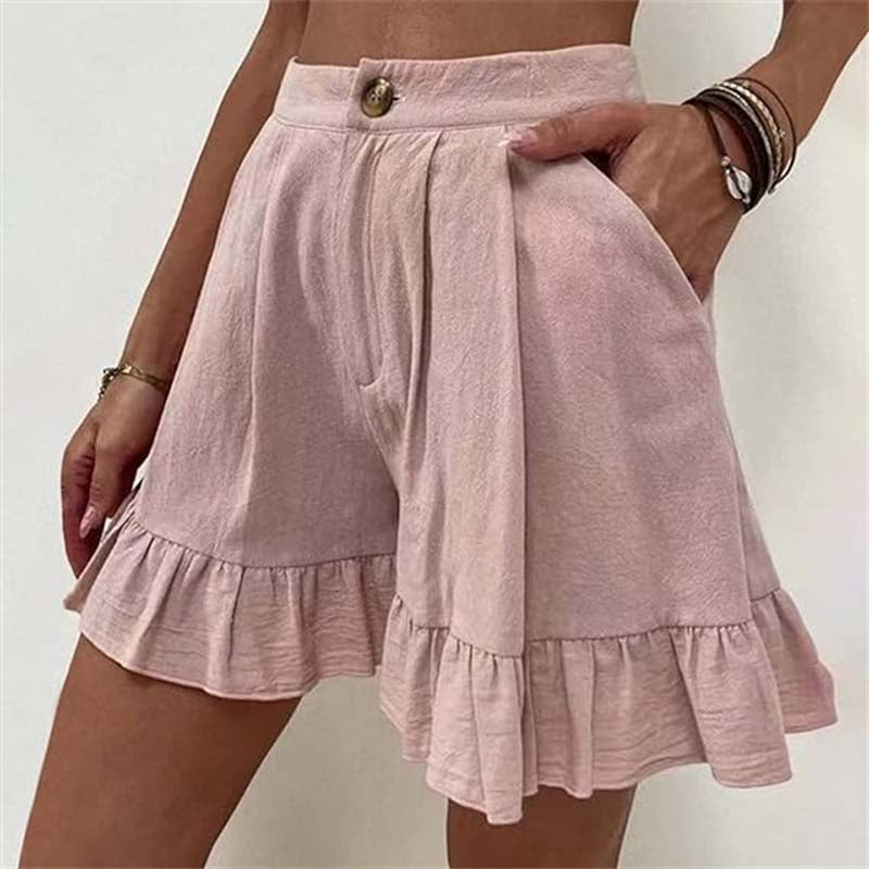 High Waist Ruffle Hem Single Button Casual Cotton Short