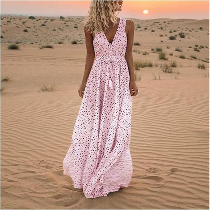 Polka Dot V Neck Tassel Tie Smocked Boho Flowy Maxi Dress