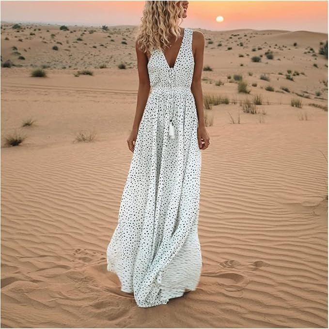 Polka Dot V Neck Tassel Tie Smocked Boho Flowy Maxi Dress