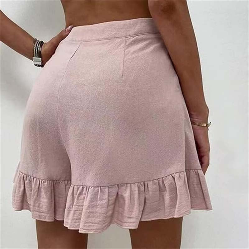 High Waist Ruffle Hem Single Button Casual Cotton Short