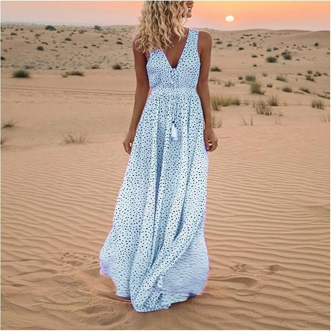 Polka Dot V Neck Tassel Tie Smocked Boho Flowy Maxi Dress