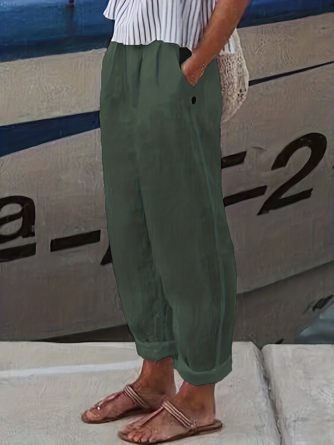 Elasticated High Waist Roll Hem Relaxed Linen Pants