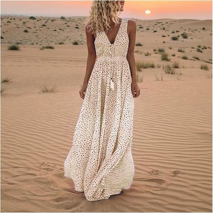 Polka Dot V Neck Tassel Tie Smocked Boho Flowy Maxi Dress
