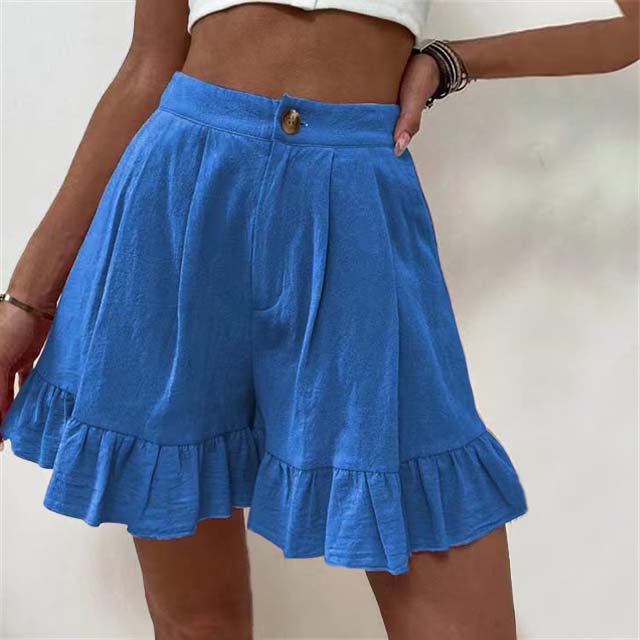 High Waist Ruffle Hem Single Button Casual Cotton Short